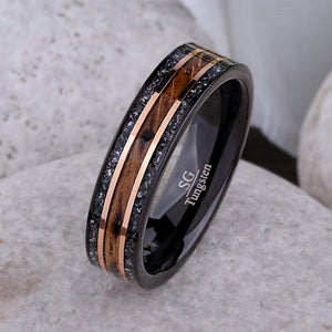 Whiskey Barrel Wood and Meteorite Black Tungsten Band - 6mm  - TCR025