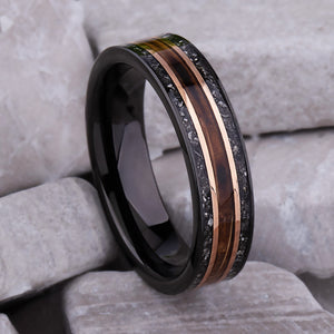 Whiskey Barrel Wood and Meteorite Black Tungsten Band - 6mm  - TCR025