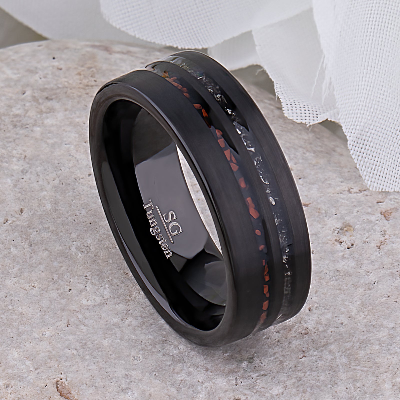 Dinosaur Bone and Meteorite Black Tungsten Wedding Band - 8mm Width