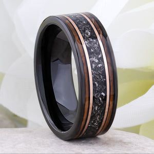 Meteorite and Whiskey Barrel Wood Ring: Black Tungsten Wedding Band - 8mm