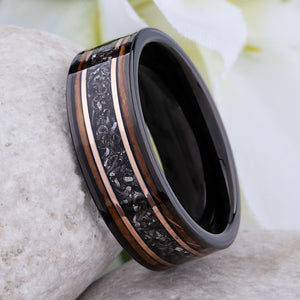 Meteorite and Whiskey Barrel Wood Ring: Black Tungsten Wedding Band - 8mm