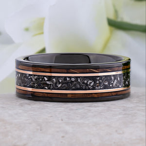 Meteorite and Whiskey Barrel Wood Ring: Black Tungsten Wedding Band - 8mm