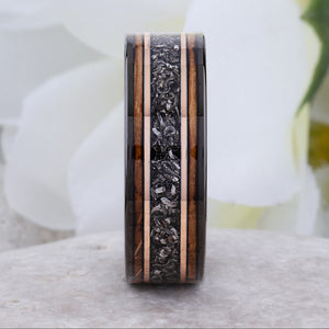 Meteorite and Whiskey Barrel Wood Ring: Black Tungsten Wedding Band - 8mm