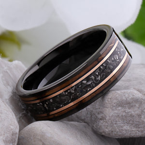 Meteorite and Whiskey Barrel Wood Ring: Black Tungsten Wedding Band - 8mm