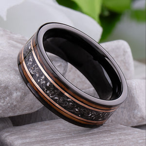 Meteorite and Whiskey Barrel Wood Ring: Black Tungsten Wedding Band - 8mm