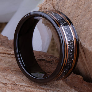 Meteorite and Whiskey Barrel Wood Ring: Black Tungsten Wedding Band - 8mm