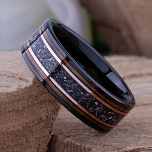 Meteorite and Whiskey Barrel Wood Ring: Black Tungsten Wedding Band - 8mm