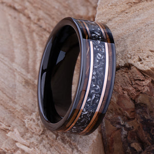Meteorite and Whiskey Barrel Wood Ring: Black Tungsten Wedding Band - 8mm