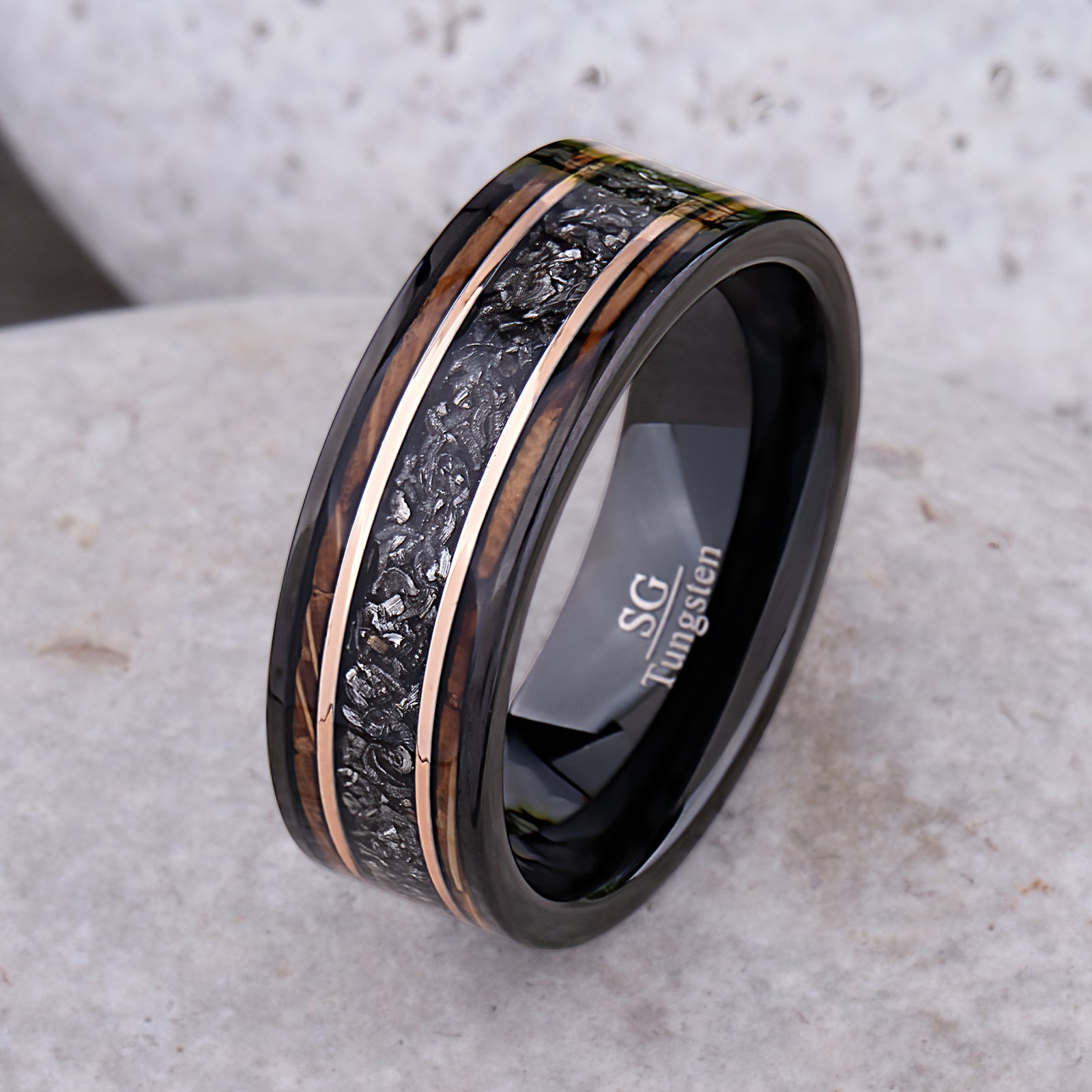 Meteorite and Whiskey Barrel Wood Ring: Black Tungsten Wedding Band - 8mm