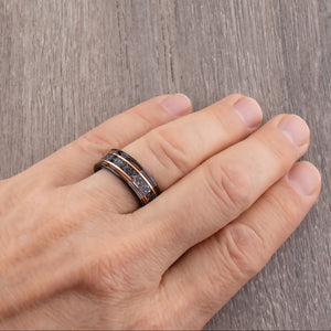 Meteorite and Whiskey Barrel Wood Ring: Black Tungsten Wedding Band - 8mm