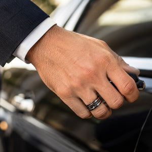 Meteorite and Whiskey Barrel Wood Ring: Black Tungsten Wedding Band - 8mm