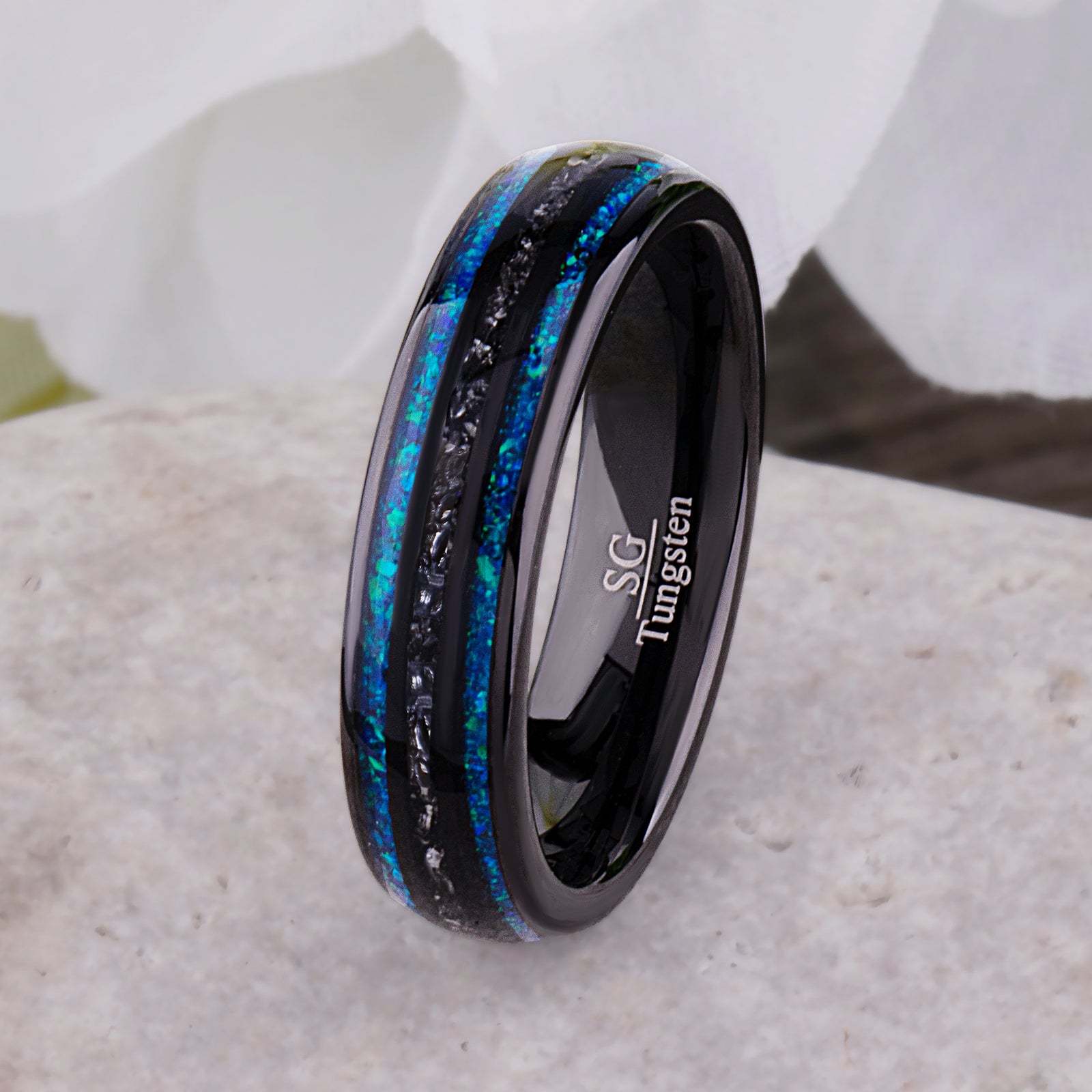 Black Tungsten Wedding Band with Meteorite & Greenish Blue Opal Inlay - 6mm - TCR036