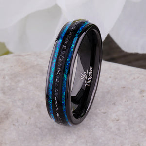Black Tungsten Wedding Band with Meteorite & Greenish Blue Opal Inlay - 6mm - TCR036