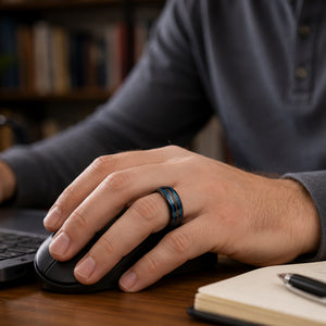 Black domed tungsten wedding ring with genuine meteorite center inlay and shimmering green-blue opal side inlays.