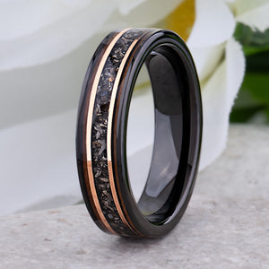 Black Tungsten Band with Meteorite & Whiskey Barrel Wood Inlay - 6mm