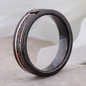 Black Tungsten Band with Meteorite & Whiskey Barrel Wood Inlay - 6mm