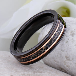Black Tungsten Band with Meteorite & Whiskey Barrel Wood Inlay - 6mm