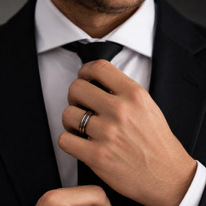 Black Tungsten Band with Meteorite & Whiskey Barrel Wood Inlay - 6mm