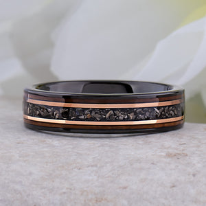 Black Tungsten Band with Meteorite & Whiskey Barrel Wood Inlay - 6mm