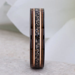 Black Tungsten Band with Meteorite & Whiskey Barrel Wood Inlay - 6mm