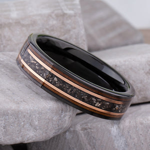 Black Tungsten Band with Meteorite & Whiskey Barrel Wood Inlay - 6mm
