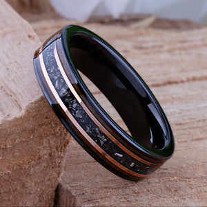 Black Tungsten Band with Meteorite & Whiskey Barrel Wood Inlay - 6mm