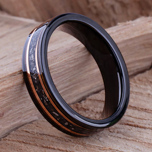 Black Tungsten Band with Meteorite & Whiskey Barrel Wood Inlay - 6mm