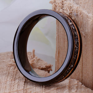 Black Tungsten Band with Meteorite & Whiskey Barrel Wood Inlay - 6mm