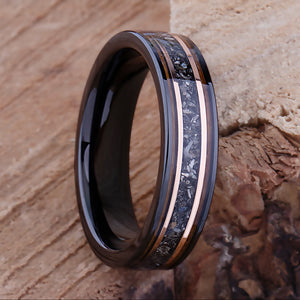 Black Tungsten Band with Meteorite & Whiskey Barrel Wood Inlay - 6mm