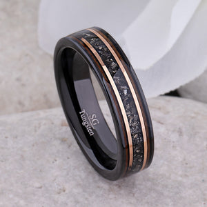 Black Tungsten Band with Meteorite & Whiskey Barrel Wood Inlay - 6mm