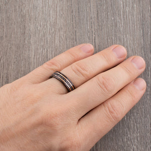 Black Tungsten Band with Meteorite & Whiskey Barrel Wood Inlay - 6mm