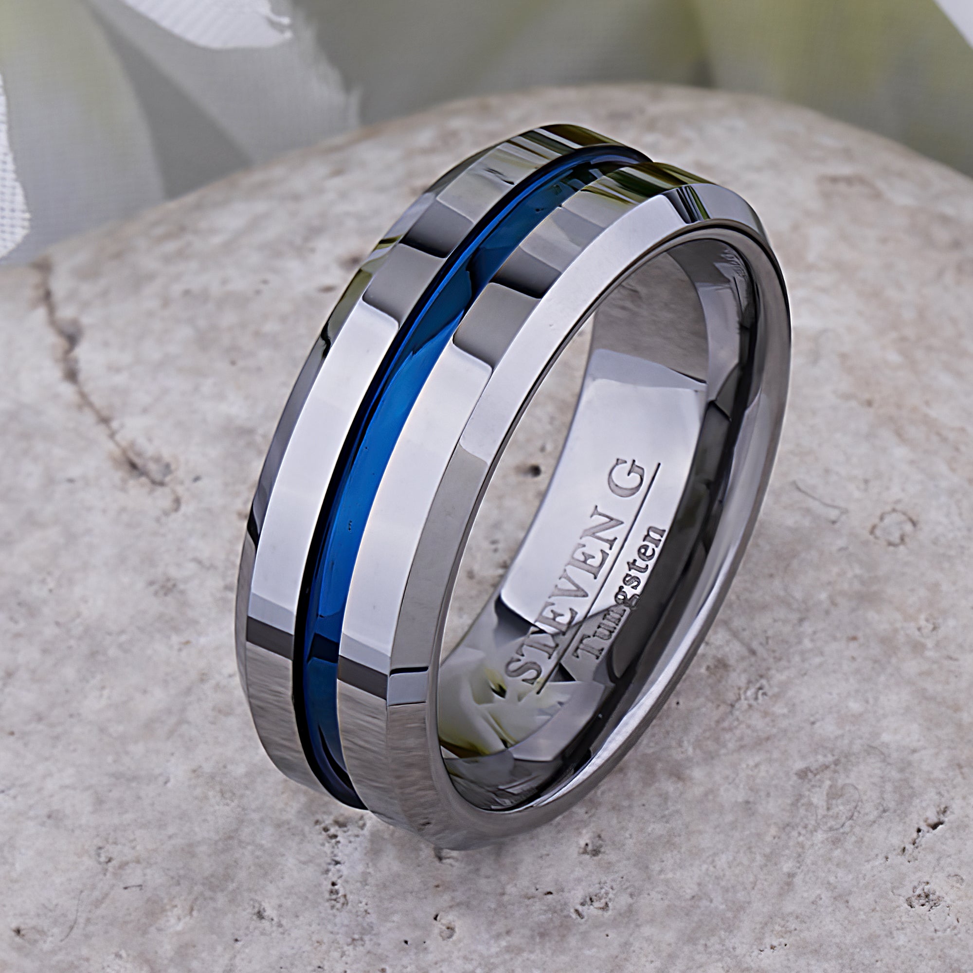 Mens wedding bands on sale silver and blue