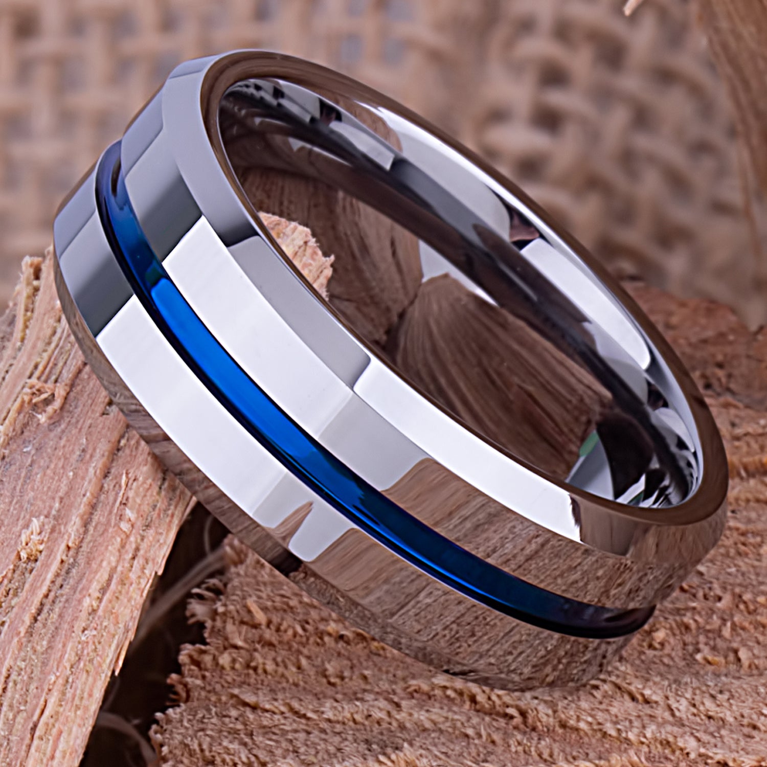 Tungsten Ring, 8mm High polish Silver with Blue in the popular Middle, White Gold Plated Tungsten Ring, Mens Ring, Mens Wedding Band, Promise Ring