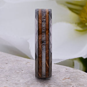 Tungsten Wedding Band 6mm: Whiskey Barrel Wood & Deer Antler Inlay - TCR107