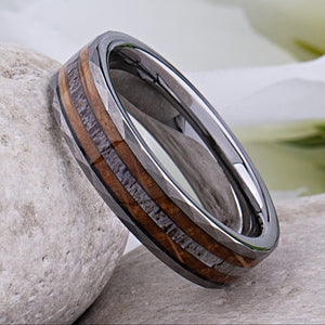 Tungsten Wedding Band 6mm: Whiskey Barrel Wood & Deer Antler Inlay - TCR107