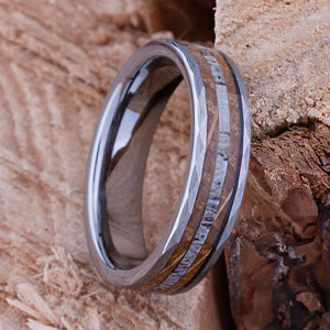 Tungsten Wedding Band 6mm: Whiskey Barrel Wood & Deer Antler Inlay - TCR107