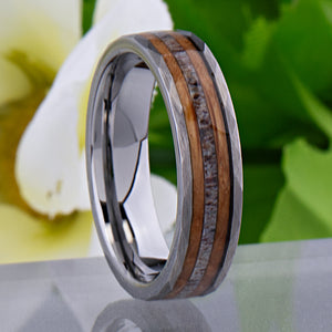 Tungsten Wedding Band 6mm: Whiskey Barrel Wood & Deer Antler Inlay - TCR107