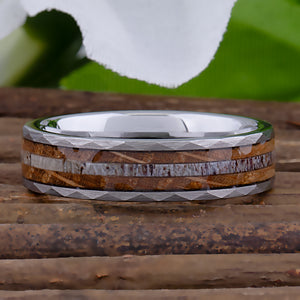 Tungsten Wedding Band 6mm: Whiskey Barrel Wood & Deer Antler Inlay - TCR107