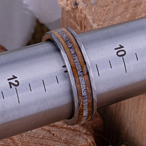 Tungsten Wedding Band 6mm: Whiskey Barrel Wood & Deer Antler Inlay - TCR107