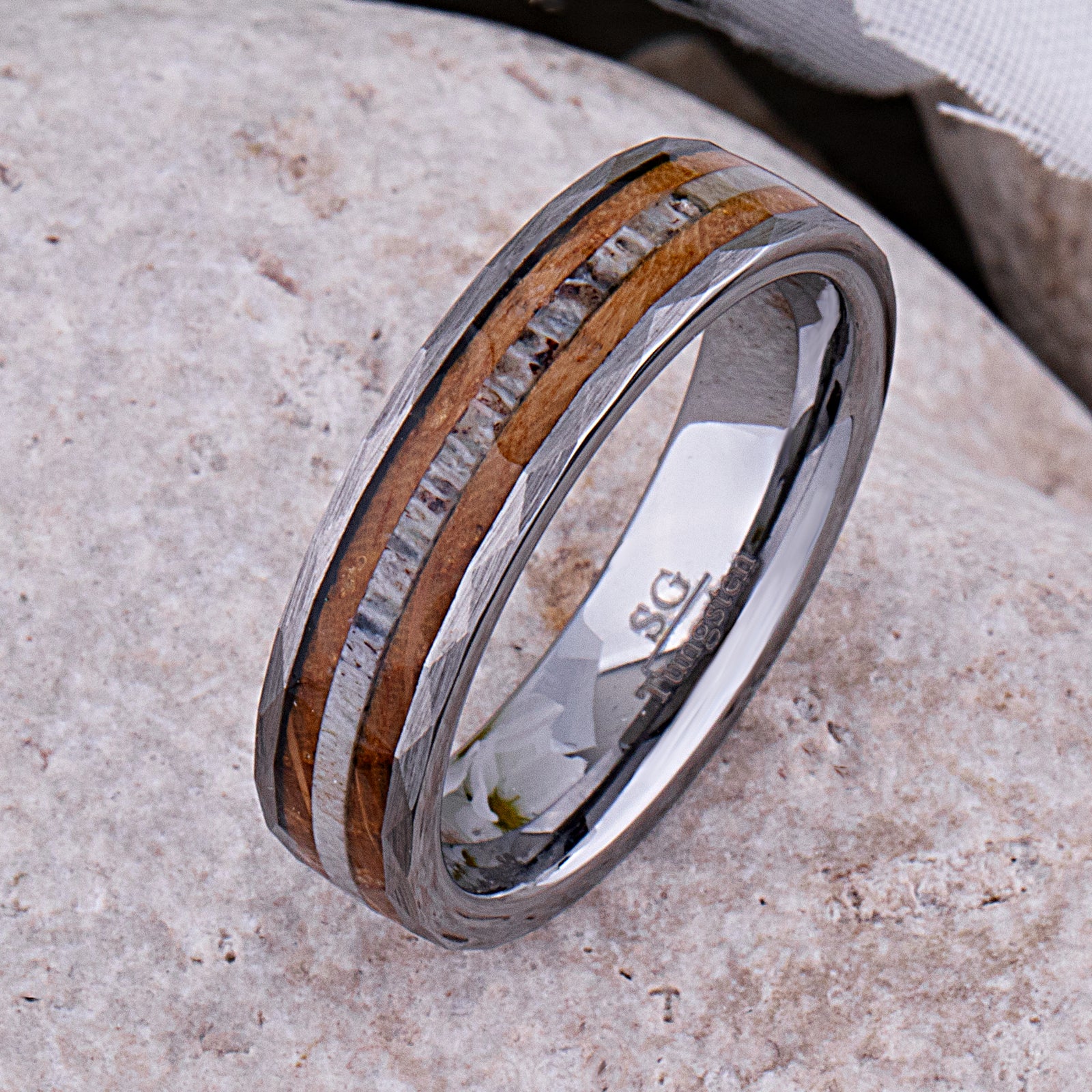 Tungsten band with whiskey barrel wood & deer antler inlay, showcasing modern elegance and rustic charm in 6mm design.
