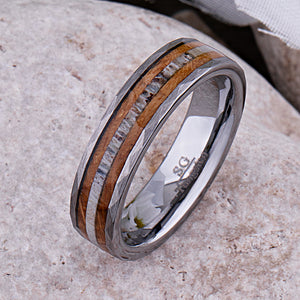 Tungsten Wedding Band 6mm: Whiskey Barrel Wood & Deer Antler Inlay - TCR107