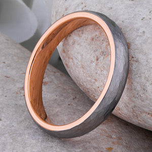 Tungsten Hammered Wedding Band with Rose Gold - 4mm Width - TCR110