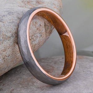Tungsten Hammered Wedding Band with Rose Gold - 4mm Width - TCR110