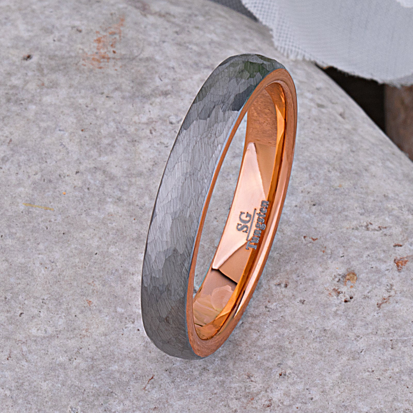Tungsten Hammered Wedding Band with Rose Gold - 4mm Width