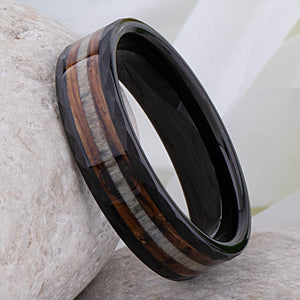 Black Tungsten Ring with Charred Whiskey Barrel Wood and Deer Antler Inlay - 6mm Width - TCR121