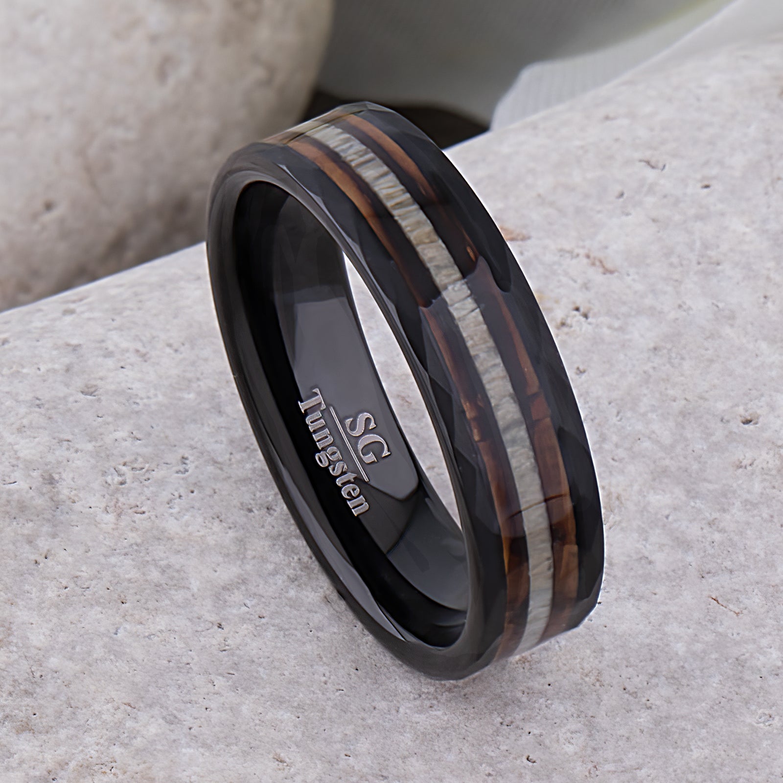 Black Tungsten Ring with Charred Whiskey Barrel Wood and Deer Antler Inlay - 6mm Width