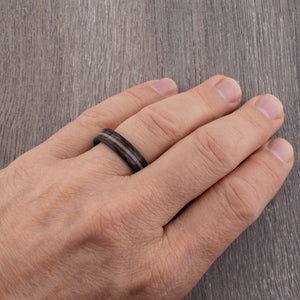 Black Tungsten Ring with Charred Whiskey Barrel Wood and Deer Antler Inlay - 6mm Width - TCR121