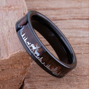 Tungsten Deer Family Ring with Natural Rosewood Inlay - 6mm Width - TCR125