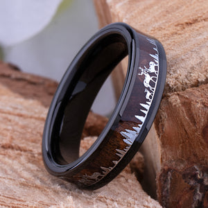 Tungsten Deer Family Ring with Natural Rosewood Inlay - 6mm Width - TCR125