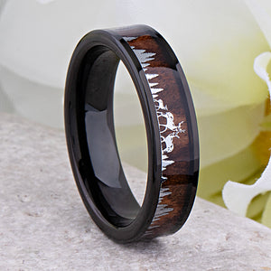 Tungsten Deer Family Ring with Natural Rosewood Inlay - 6mm Width - TCR125